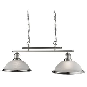 <b>Searchlight</b>&nbsp;<b>2682-2SS</b>&nbsp;<br>BISTRO - 2 LIGHT CEILING BAR, SATIN SILVER, MARBLE GLASS