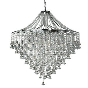 <b>Searchlight</b>&nbsp;<b>3497-7CC</b>&nbsp;<br>DORCHESTER - 7 LIGHT CEILING, CHROME WITH CLEAR CRYSTAL BUTTONS & PYRAMID DROPS