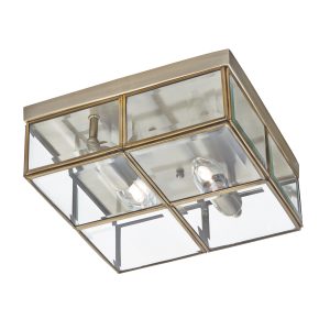 <b>Searchlight</b>&nbsp;<b>6769-26AB</b>&nbsp;<br>FLUSH - 2 LIGHT FLUSH BOX, ANTIQUE BRASS WITH CLEAR BEVELLED GLASS PANELS