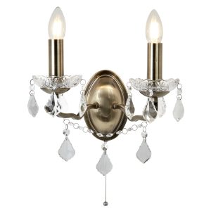 <b>Searchlight</b>&nbsp;<b>8732-2AB</b>&nbsp;<br>PARIS 2 LIGHT WALL BRACKET, CLEAR CRYSTAL DROPS & TRIM, ANTIQUE BRASS