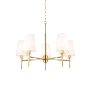 Satin brass 5 light multi arm pendant with tapered shades