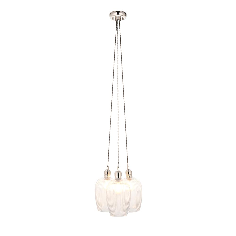 Bright nickel and clear ribbed glass 3 light cluster pendant 120652