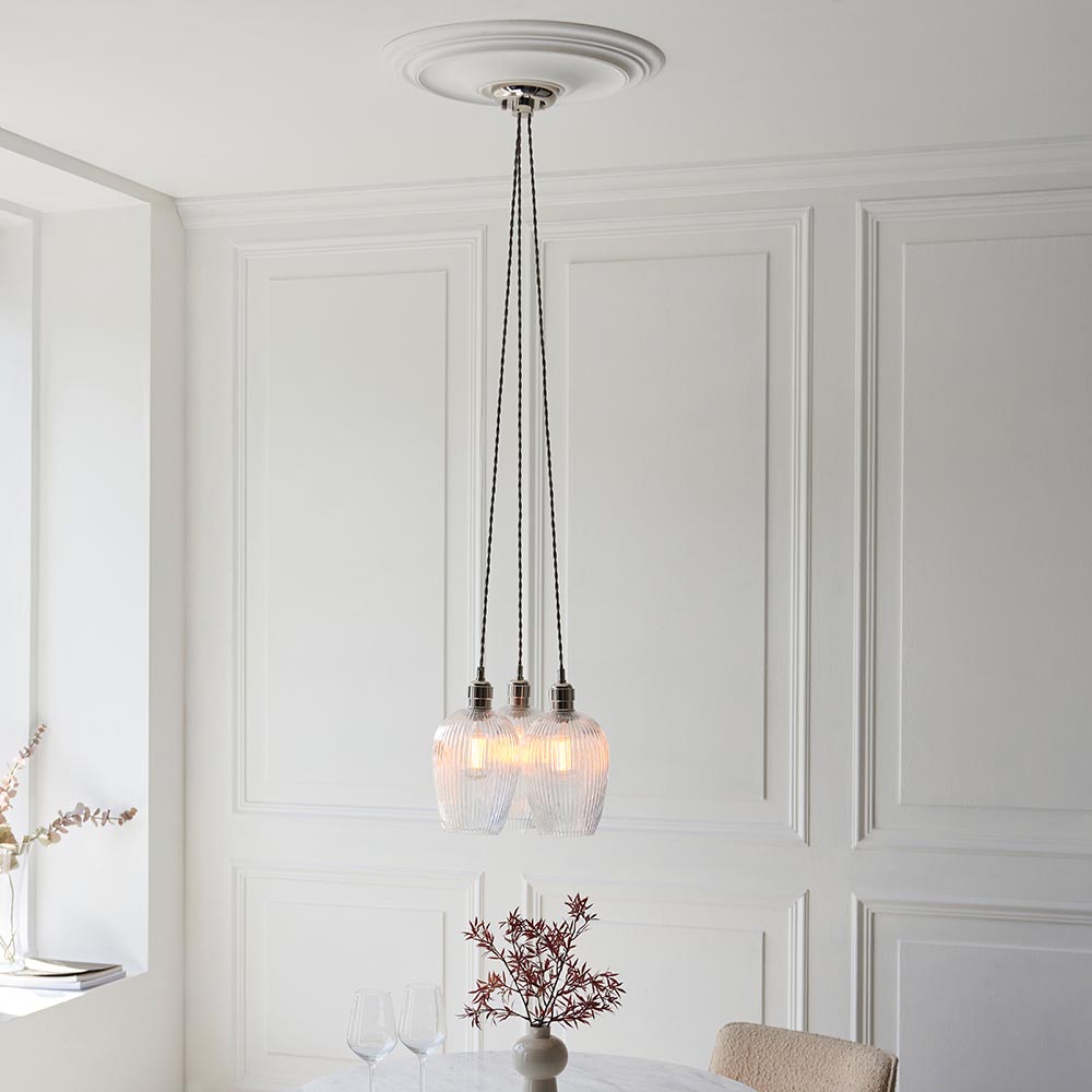 Bright nickel and clear ribbed glass 3 light cluster pendant 120652