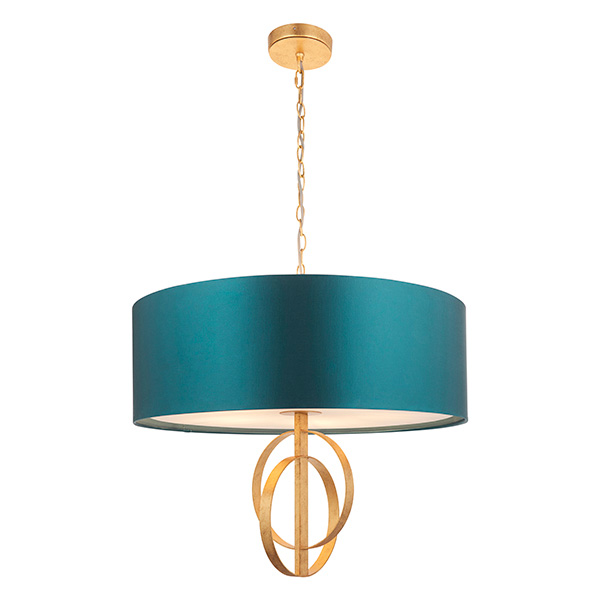 Double hoop gold leaf pendant light with XL teal shade 95219