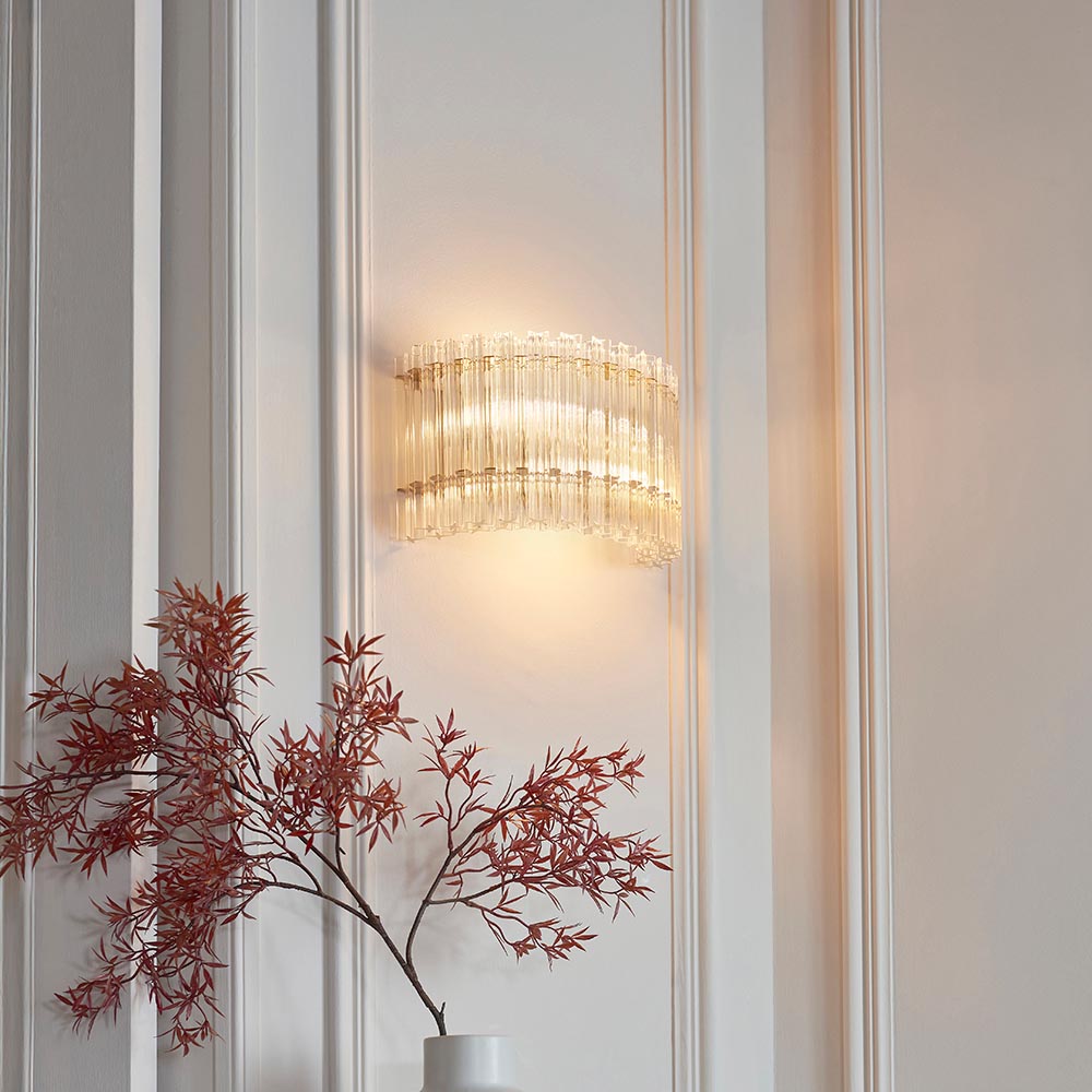 Brushed aged brass and clear glass 2 light wall light 114217