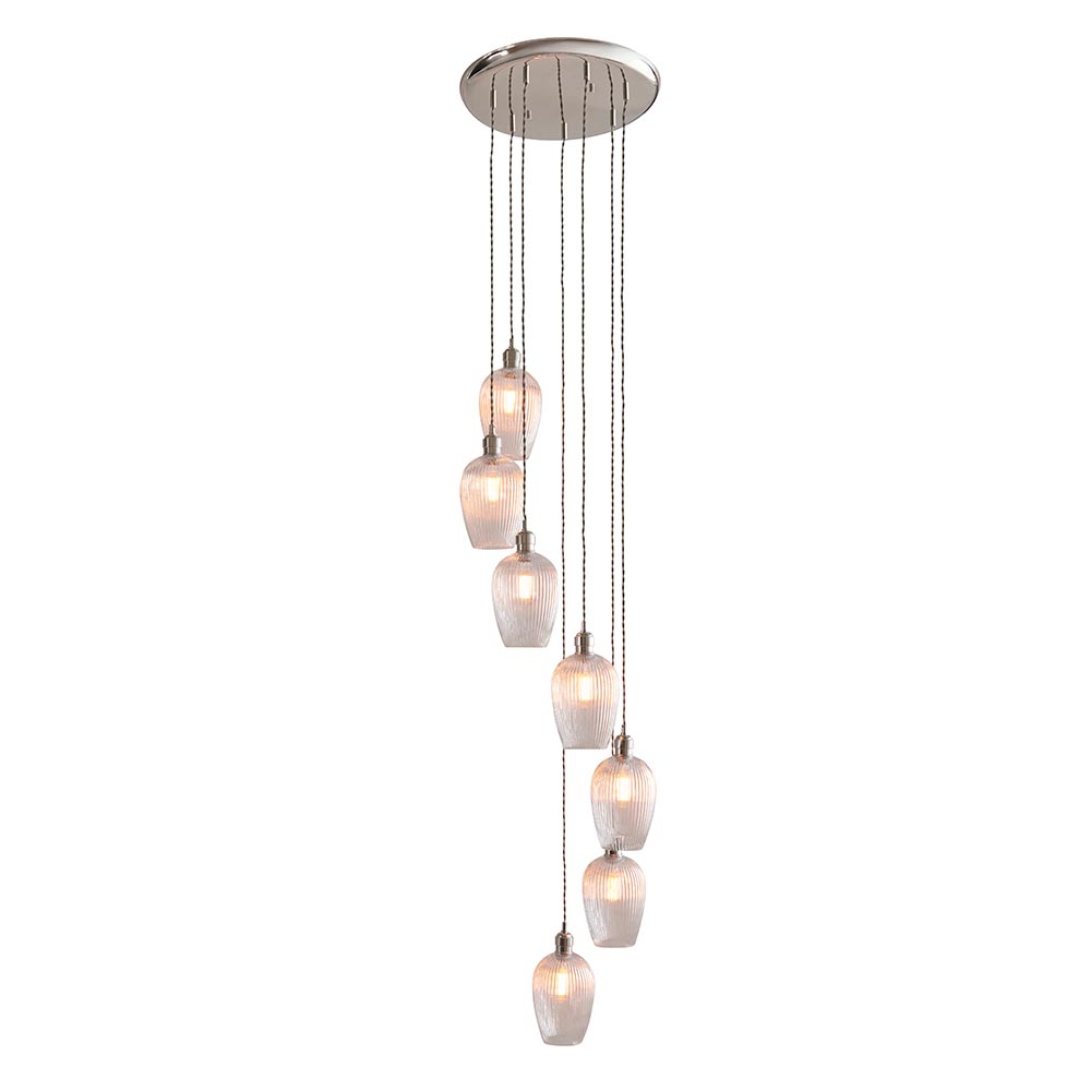 Bright nickel and clear ribbed glass 7 light cascade pendant 120650