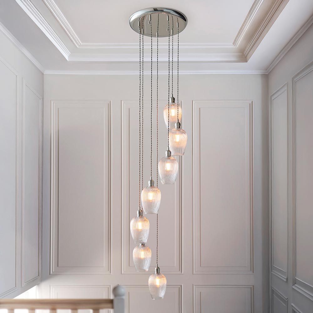 Bright nickel and clear ribbed glass 7 light cascade pendant 120650