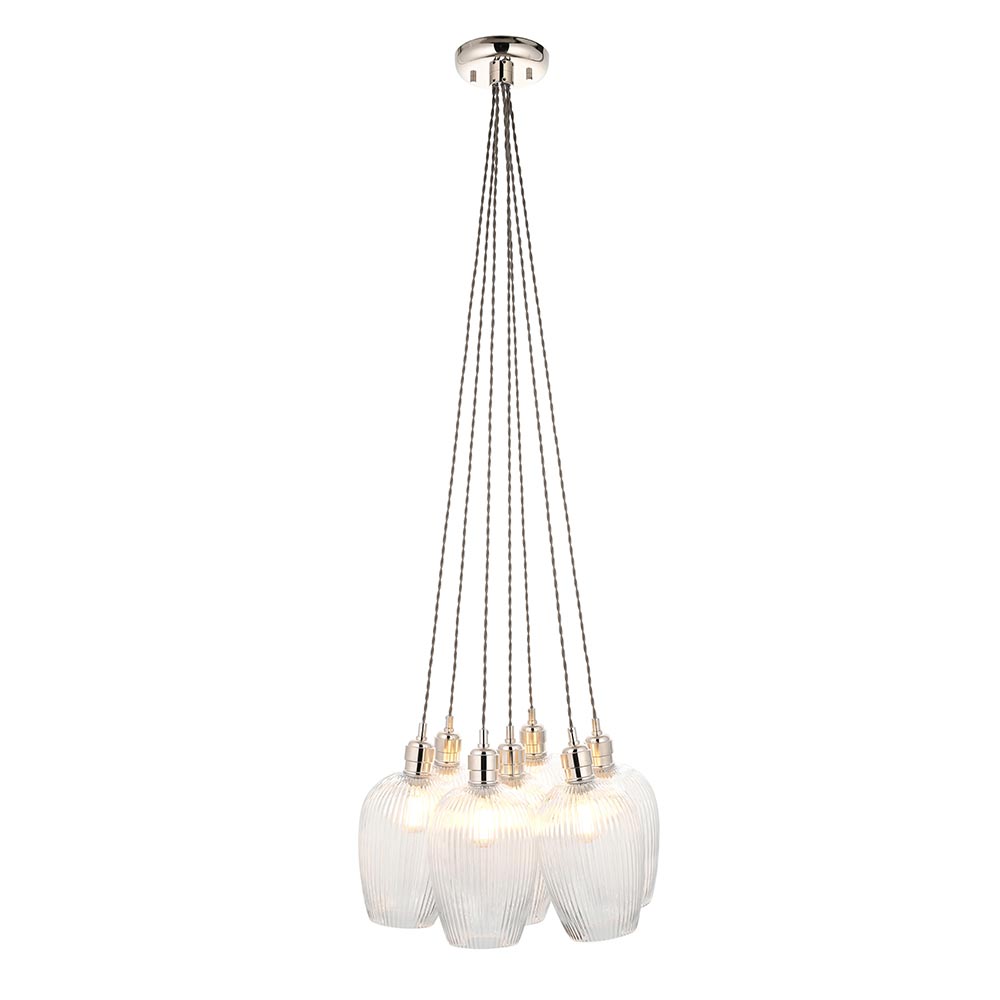 Bright nickel and clear ribbed glass 7 light cluster pendant 120651