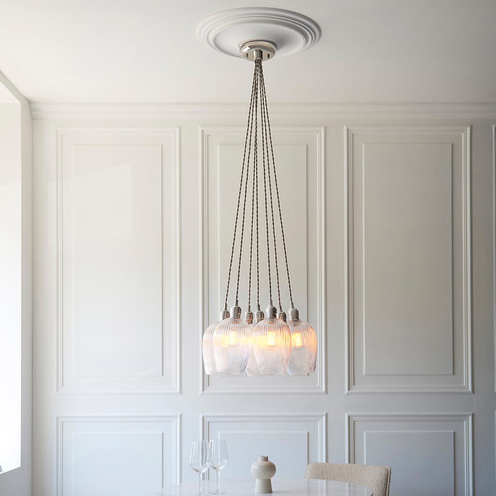 Bright nickel and clear ribbed glass 7 light cluster pendant 120651
