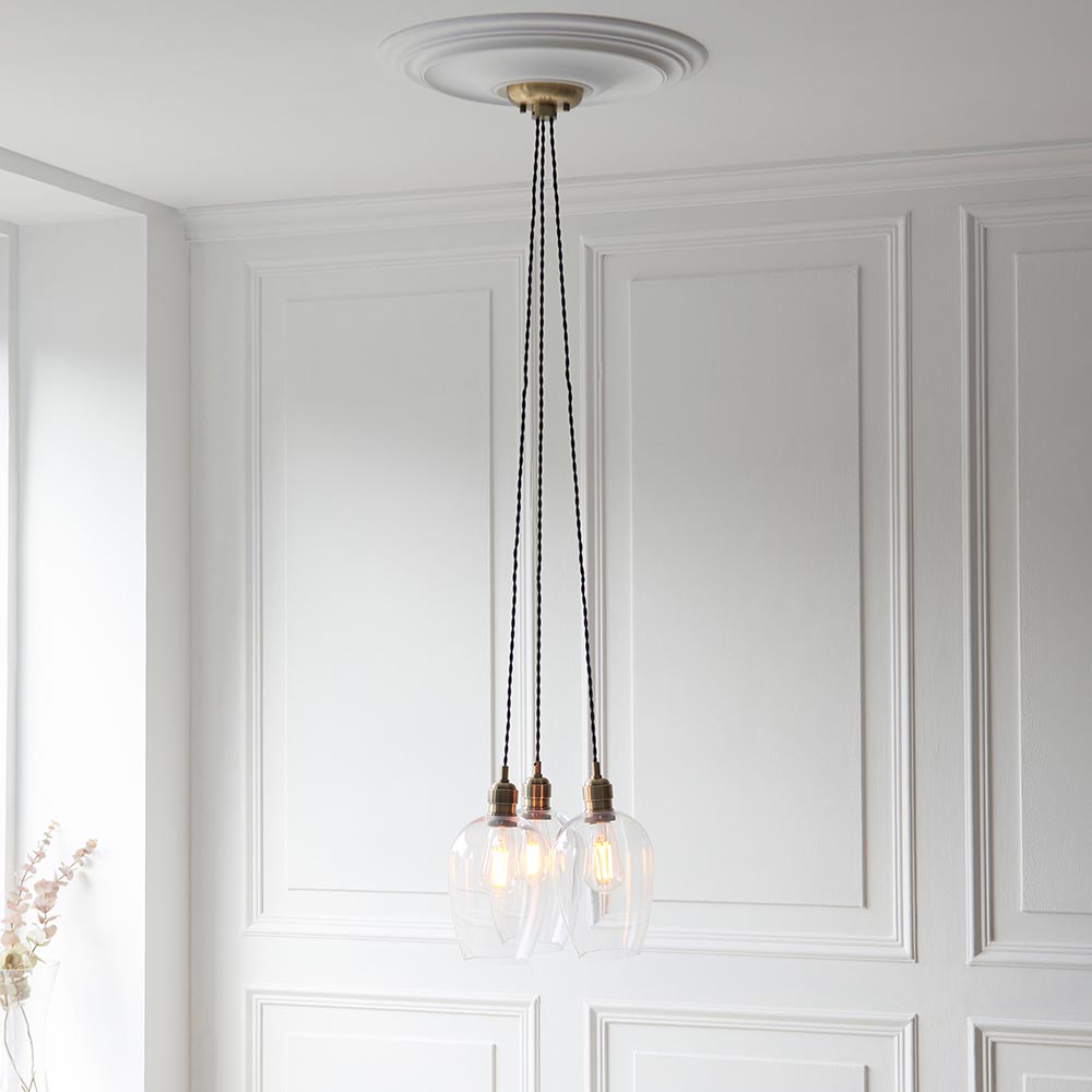Antique brass and clear glass 3 light cluster pendant 120648