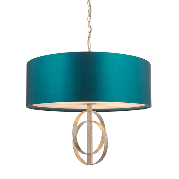 Double hoop silver leaf pendant light with XL teal shade 95223