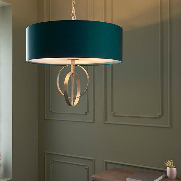 Double hoop silver leaf pendant light with XL teal shade 95223