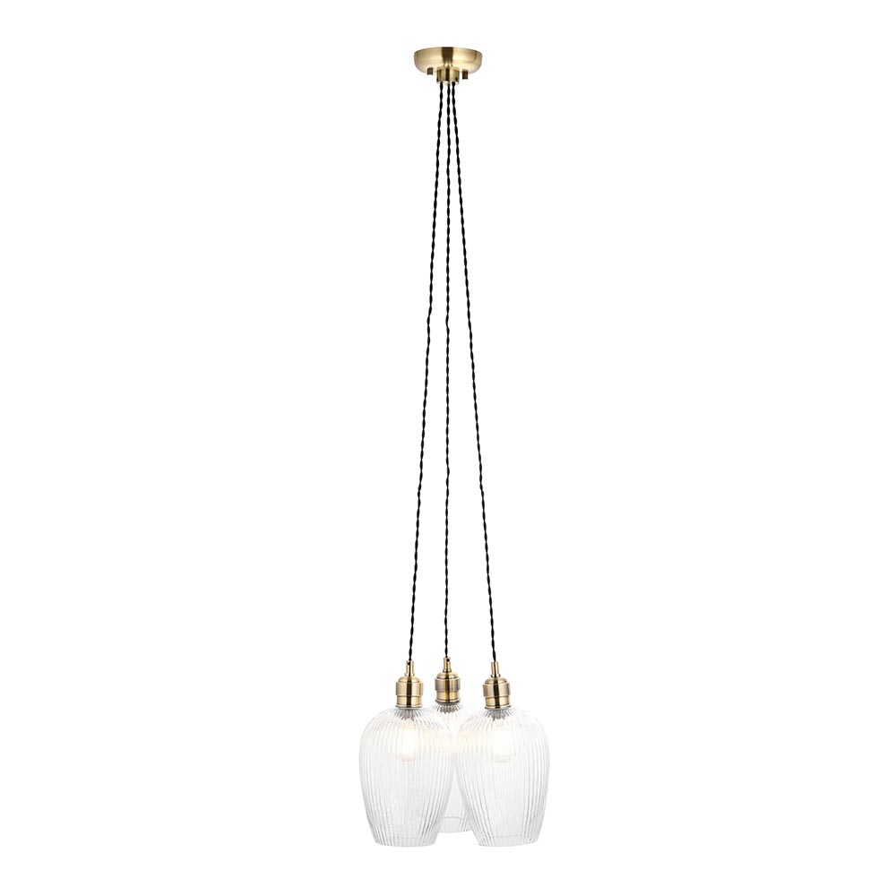 Antique brass & clear ribbed glass 3 light cluster pendant 120656