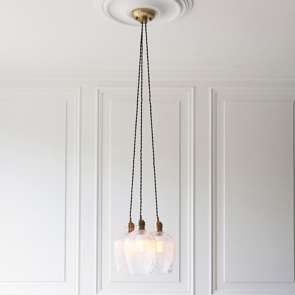 Antique brass & clear ribbed glass 3 light cluster pendant 120656